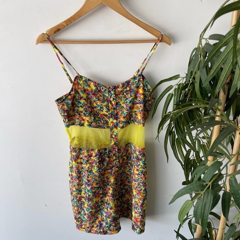 Ali & Kris Romper Womens Medium Yellow Floral Retro Mesh Playsuit Summer Picnic